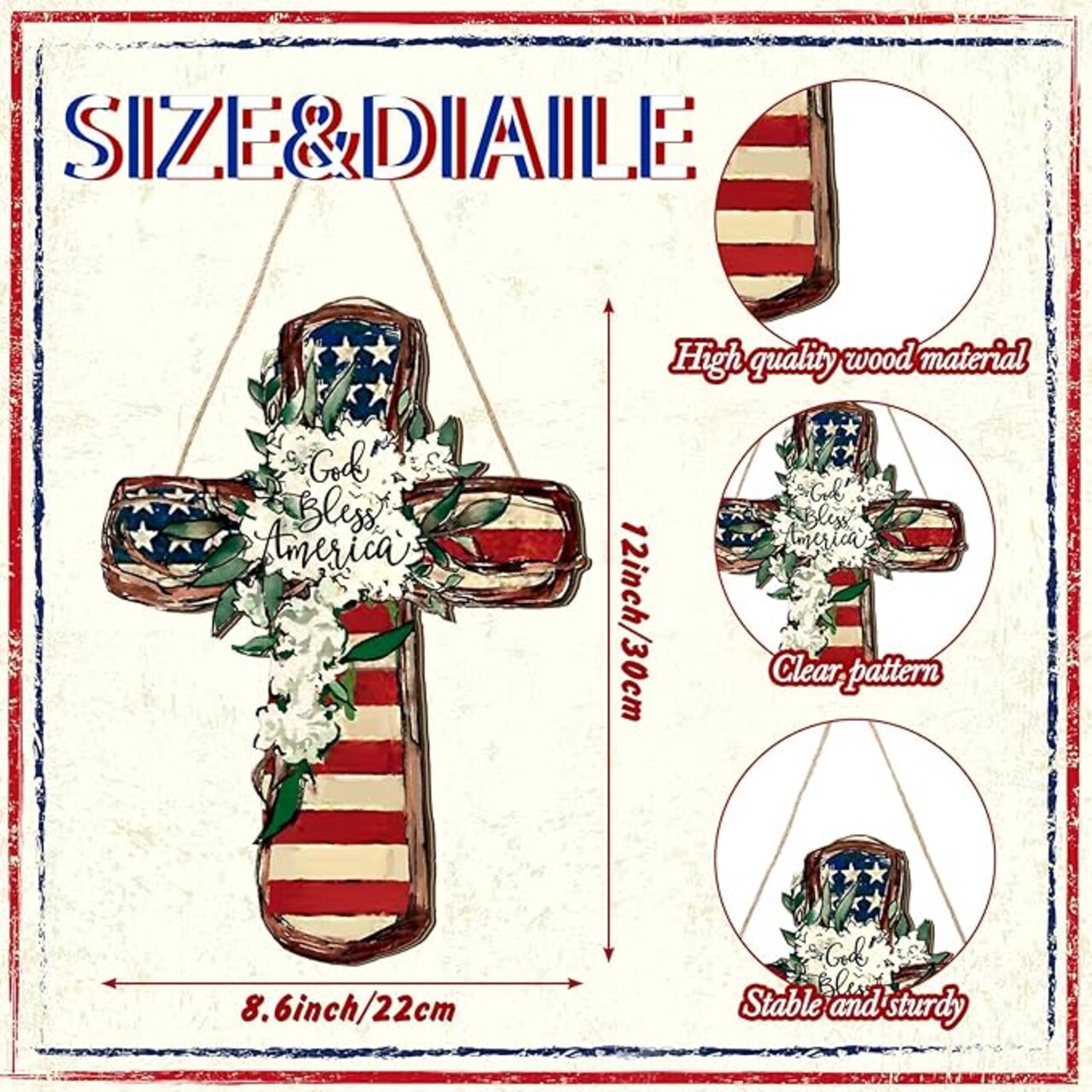 4th of July Patriotic Wooden Cross Door Hanger, Rustic American Flag Plaque for Front Porch, Wall, Outdoor Farmhouse & Memorial Day Decorations